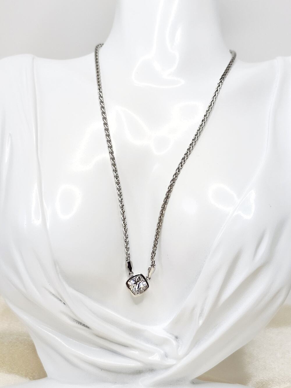 925 Sterling Silver Square Cubic Zirconia CZ Solitaire Pendant Necklace 16 In